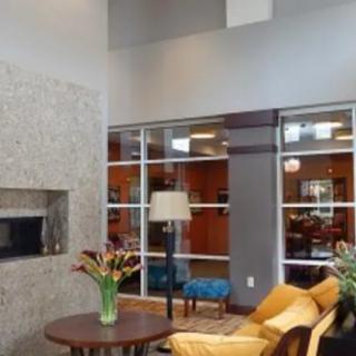 A modern living room with a fireplace and comfortable seating.