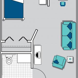 A floor plan featuring a bedroom, bathroom, and living room area with furniture placement.