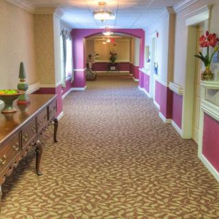 A warmly decorated hallway with patterned carpet and elegant furnishings.
