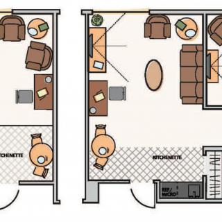 A detailed floor plan showing the layout and furniture arrangement for two apartments.