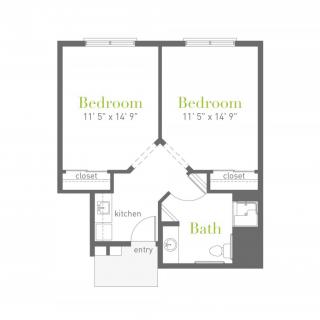 A floor plan of a two-bedroom apartment with labeled dimensions for each room.