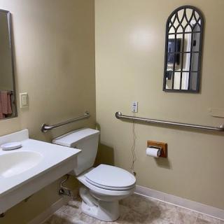 A bathroom with a toilet, sink, mirror, and accessibility handrails.