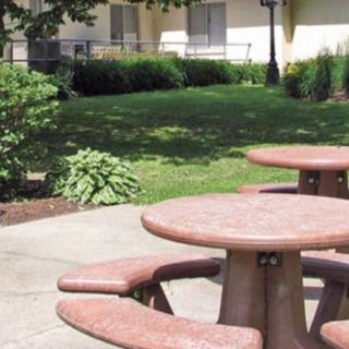 A tranquil outdoor area featuring a round picnic table surrounded by lush greenery.