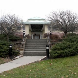 A welcoming entrance to a building surrounded by neatly landscaped greenery and steps.