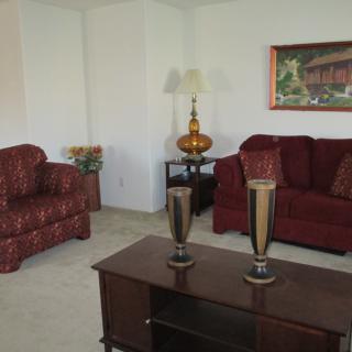 A cozy living room with a red sofa set, coffee table, and stylish decor elements.