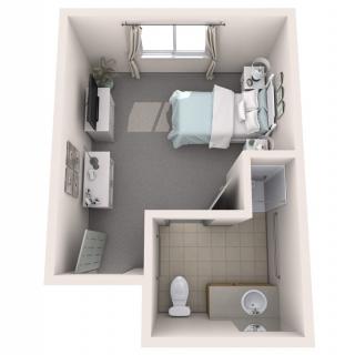 3D floor plan of a one-bedroom unit with an attached bathroom.