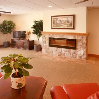 A cozy living room featuring a stone fireplace, television, and potted plants.