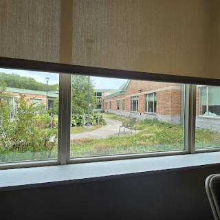 A view from an interior window showcasing a garden and nearby buildings.