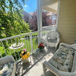 A cozy balcony with wicker furniture and colorful flowers, overlooking a sunny garden.