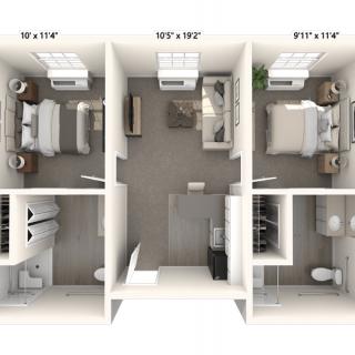 3D floor plan of a two-bedroom apartment with a shared bathroom.