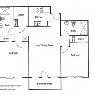 Floor plan of a two-bedroom apartment with living/dining area, kitchen, and two bathrooms.