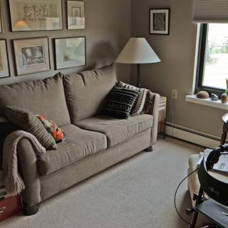 A cozy living room with a sofa, decorative pillows, and artwork on the wall.