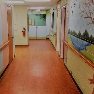 A colorful hospital hallway featuring murals on the walls.