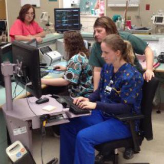 Medical staff working at computers in a hospital setting.