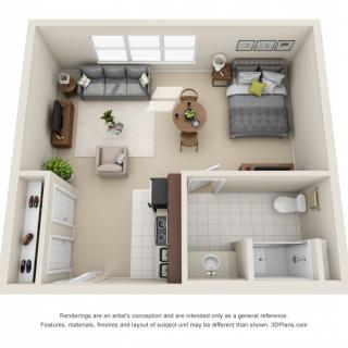 3D floor plan of a one-bedroom apartment featuring a living room, kitchen, and bathroom.