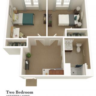 A 3D floor plan of a two-bedroom apartment with a kitchen and bathroom.