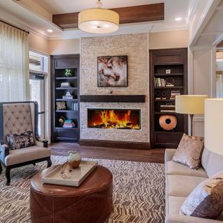 A cozy and modern living room with a warm fireplace and elegant decor.