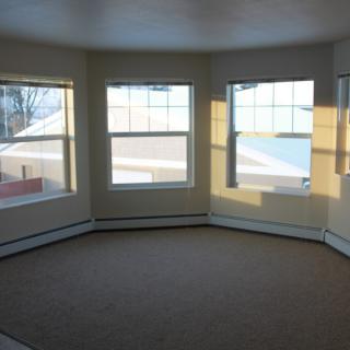 A bright, empty room with multiple windows and a carpeted floor.