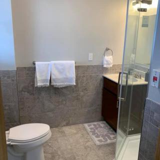 A modern bathroom with a glass shower, toilet, and vanity featuring neutral tones.