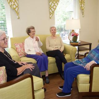 A group of seniors sitting together in a cozy living room, enjoying a conversation.