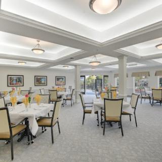 An elegant dining area designed for social gatherings and meals.