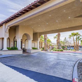 A welcoming entrance to a hotel featuring elegant architectural design and palm trees.