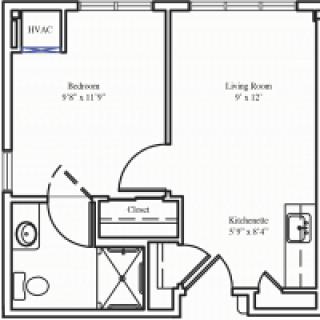A floor plan of a one-bedroom apartment featuring a living room, kitchen, bathroom, and bedroom.