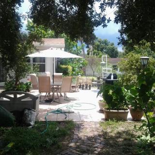 A sunny backyard patio with outdoor furniture and potted plants.