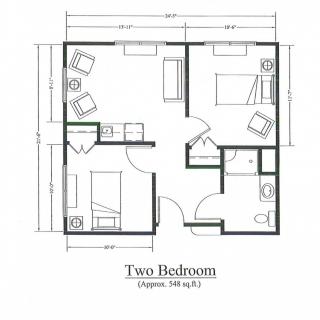 A detailed floor plan of a two-bedroom apartment showing layout and room dimensions.
