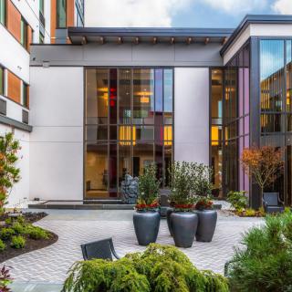 A modern courtyard with large windows, potted plants, and outdoor seating.