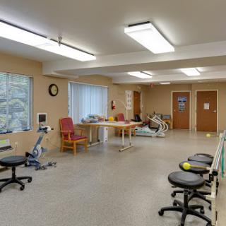 A spacious and well-lit therapy room designed for rehabilitation and physical therapy sessions.