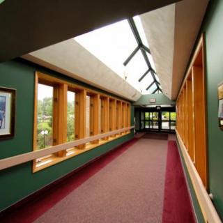 A well-lit hallway with large windows and a red carpet.