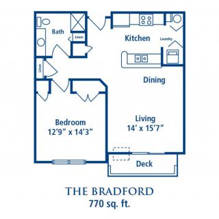 The Bradford floor plan: A 770 sq. ft. one-bedroom apartment layout featuring a living room, dining area, kitchen, utility area, bathroom, and deck.