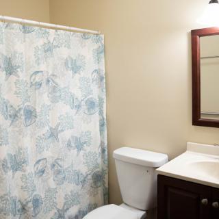 A bathroom with a shower curtain, toilet, sink, and mirror.