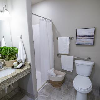 Modern bathroom with a shower, sink, and toilet setup.