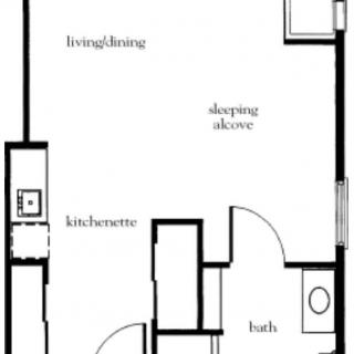 Studio apartment floor plan with kitchenette, living area, sleeping alcove, and bathroom.