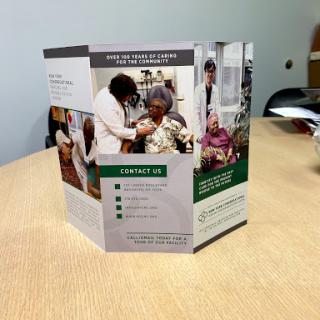A tri-fold brochure detailing healthcare services, featuring images of medical professionals assisting patients.