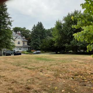A serene park scene with a mix of dry grass and lush trees, featuring a quaint house in the background.