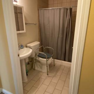 A small, accessible bathroom with a pedestal sink, toilet, and shower with a curtain.