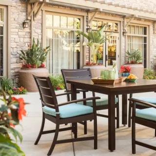 Outdoor patio with a dining set and decorative plants.