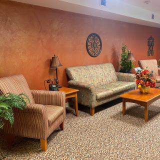 A cozy lounge area with comfortable seating, a coffee table, and decorative elements.
