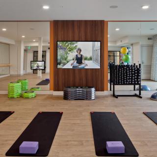 A well-equipped yoga studio with exercise mats and fitness gear, ready for a session.