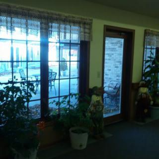A cozy room with large windows and plants, allowing sunlight to fill the space.