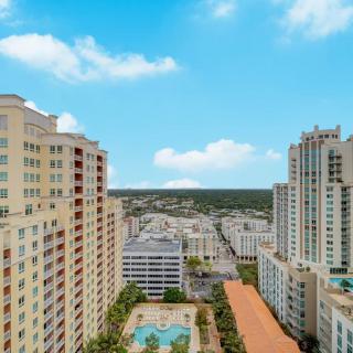 A vibrant cityscape with towering skyscrapers under a clear blue sky.