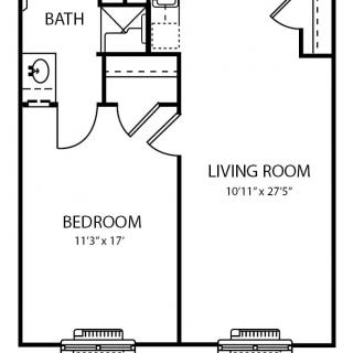 A floor plan of a one-bedroom apartment with labeled living room and bathroom.