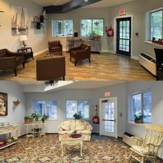A comparison of two cozy lounge areas, showcasing different seating arrangements and decor styles.