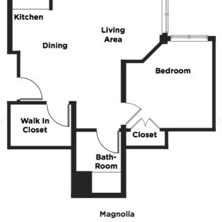 A floor plan of a one-bedroom apartment featuring a kitchen, dining area, living area, bathroom, and closets.