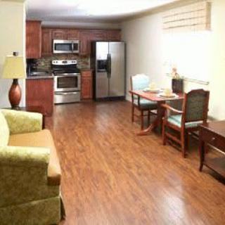 Modern kitchen and living area with hardwood flooring and furniture.