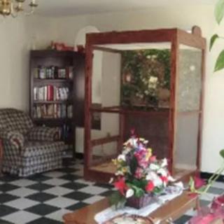 A cozy living room featuring a bookshelf, armchair, and a large terrarium with a floral centerpiece on the coffee table.