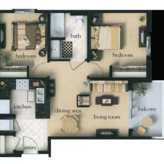 A floor plan of a two-bedroom apartment featuring a living room, kitchen, and balcony.